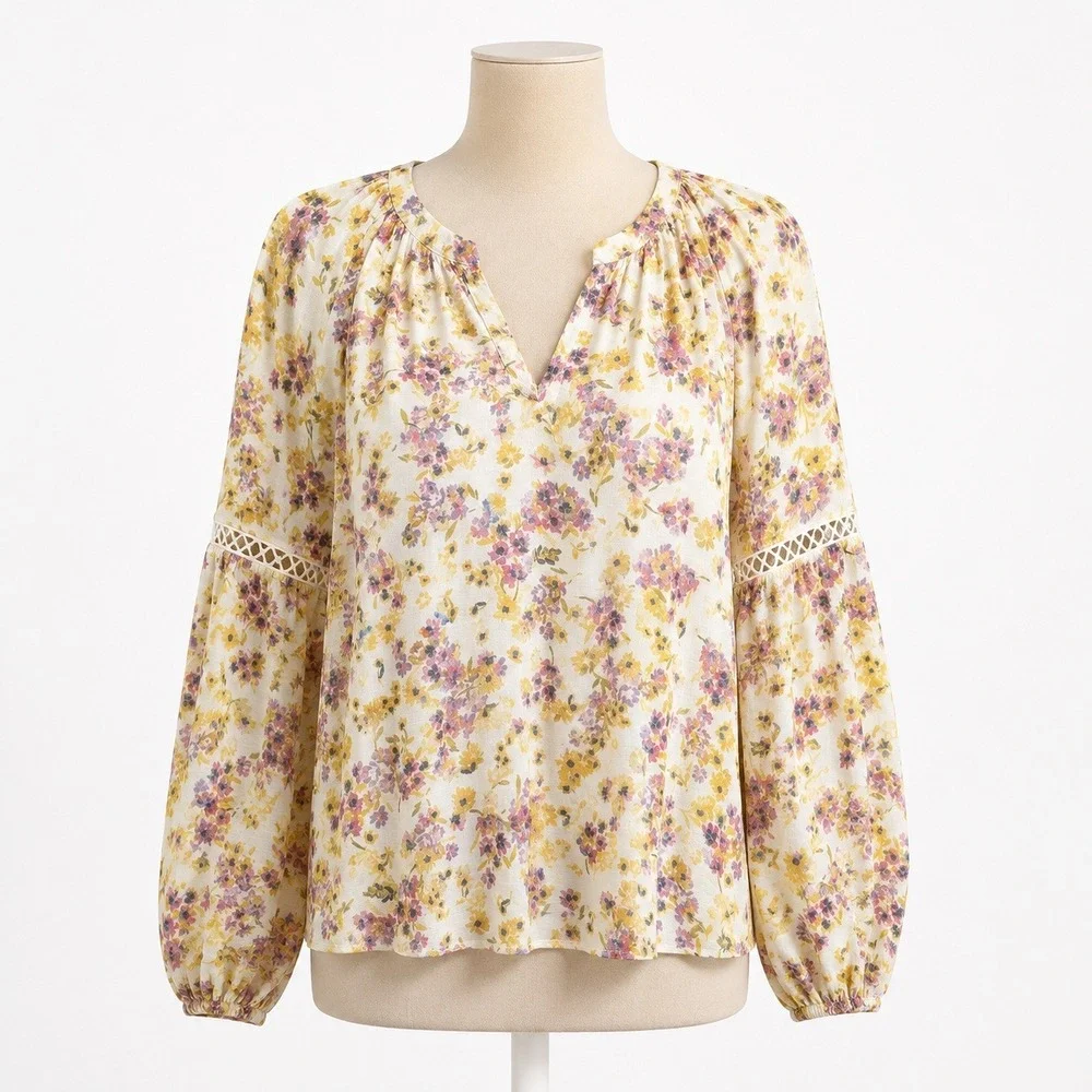 Floral Crochet Lace Balloon Long Sleeve Peasant Top Size M‎ Cottagecore Romantic